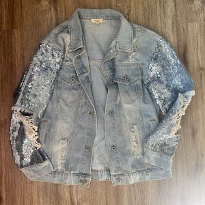 Silver Sequin Sleeve Denim Jacket